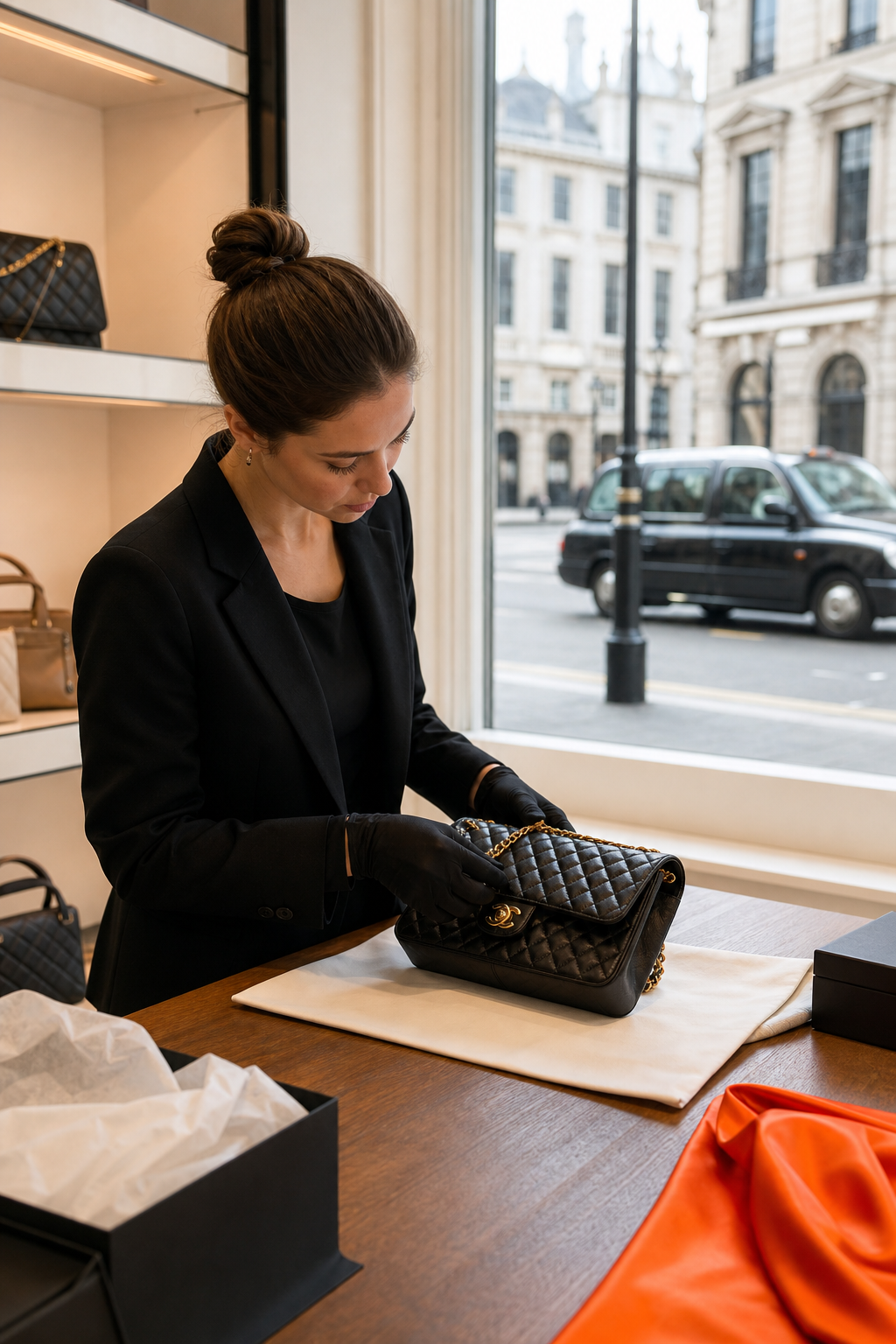 A photorealistic scene inside a bright London luxury consignment boutique, a stylist carefully inspecting a quilted designer handbag on a wooden counter with soft daylight from a shop window. Alt: selling designer bags through a London luxury consignment boutique