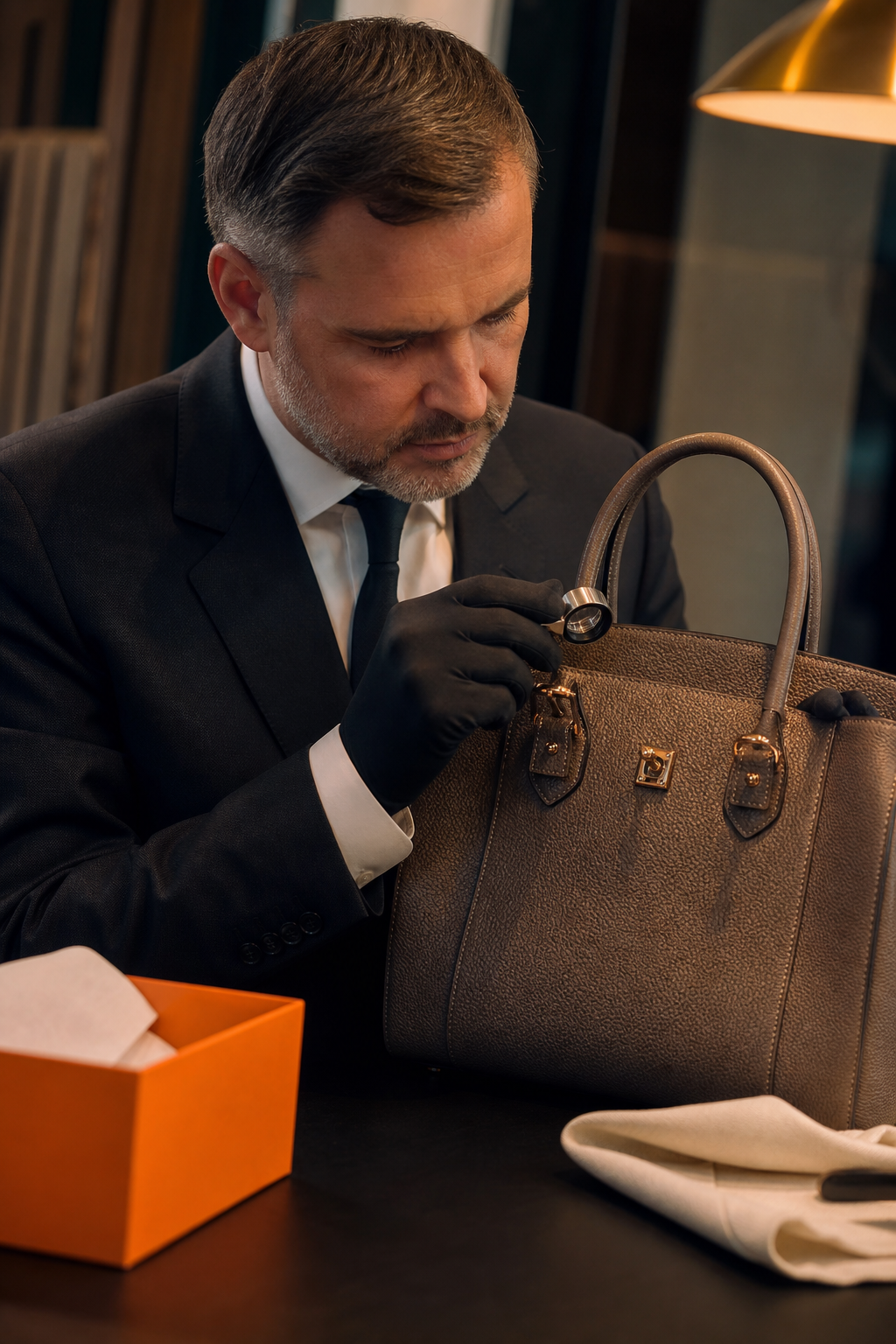 A photorealistic close-up of a luxury advisor examining the hardware and stitching of a leather handbag with a magnifier on a clean dark counter, warm focused lighting. Alt: authenticating a luxury handbag before a buy-outright designer bag sale
