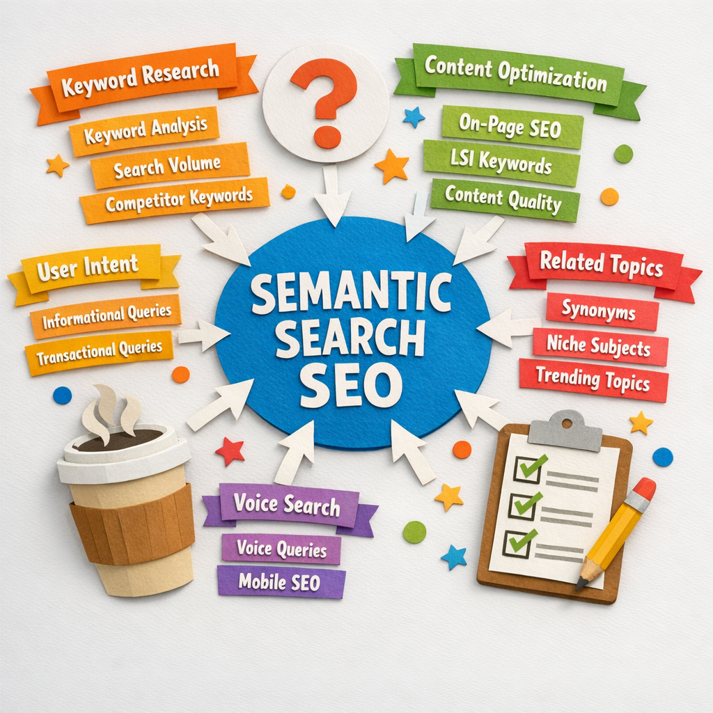 A papercraft illustration of a search engine’s meaning map, showing clusters of related keywords radiating from a central concept of "semantic search seo", with paper cut‑out icons of a coffee cup, a question mark, and a checklist, styled in bright, playful papercraft for digital marketers.