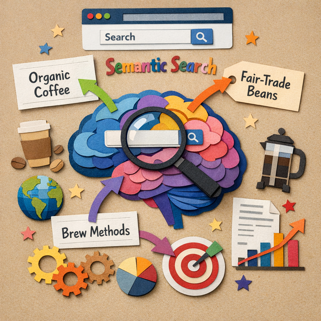 A Papercraft illustration of a search engine brain connecting related keywords like “organic coffee”, “fair‑trade beans”, “brew methods” with colorful paper arrows, Alt: Semantic search seo visual guide showing keyword connections.
