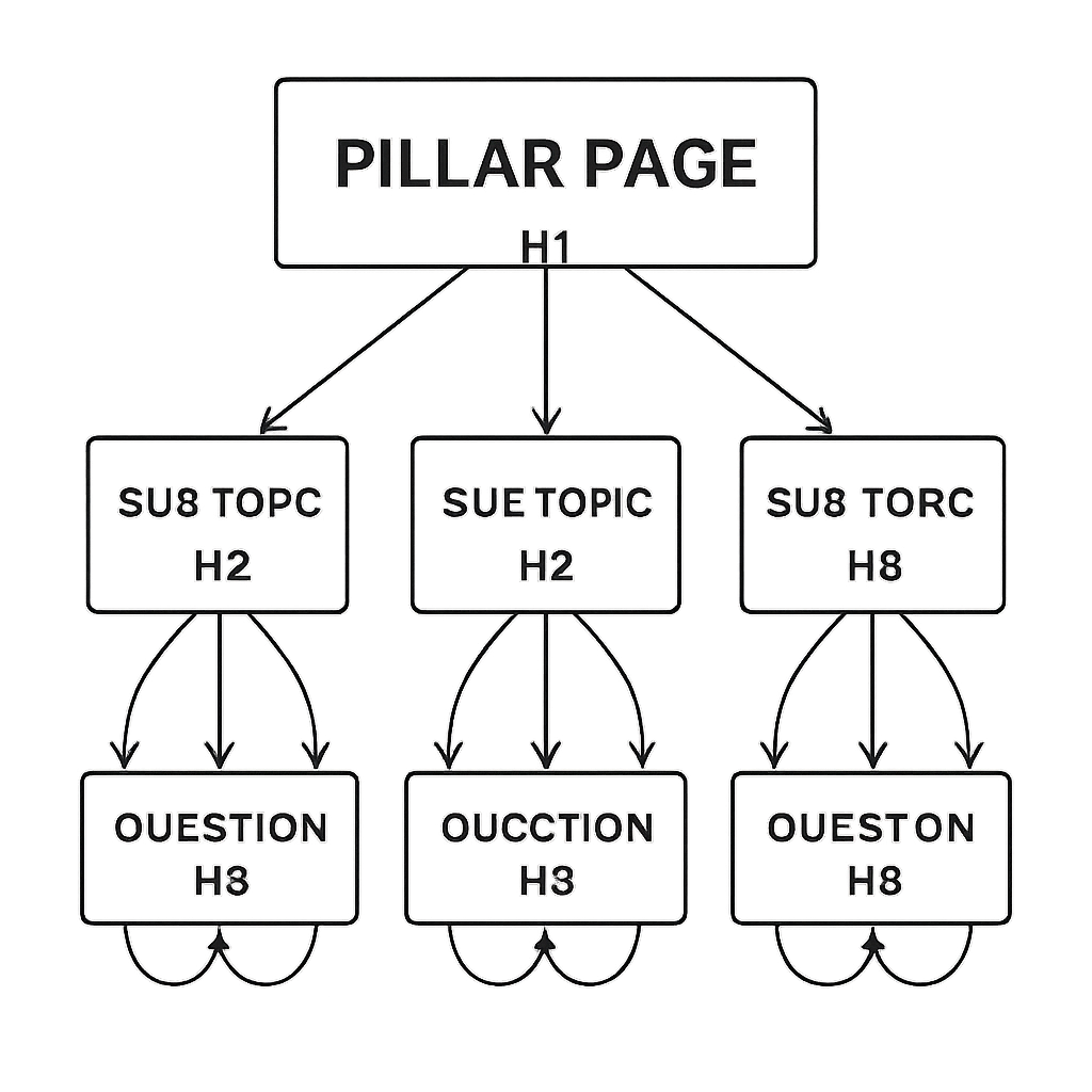 A schematic diagram showing a pillar page with H1, H2 sub‑topics, H3 questions, and arrows indicating internal links back to the pillar. Alt: Semantic content structure diagram illustrating hierarchical headings and internal linking for SEO relevance.