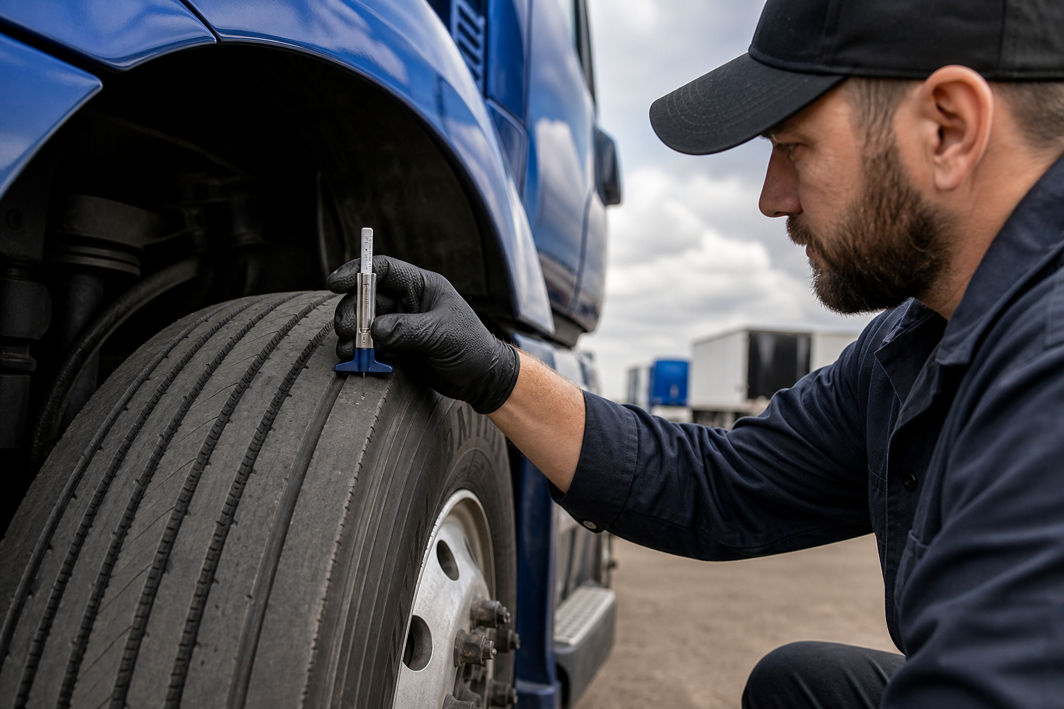 semi truck steer tire tread depth inspection with tread gauge