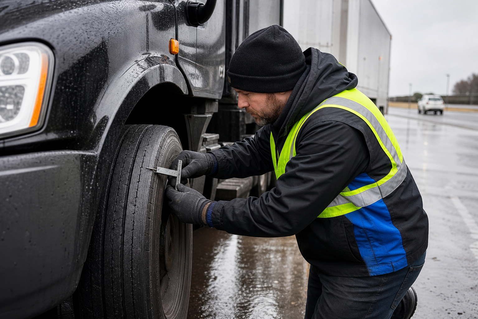technician checking worn semi truck steer tire tread depth in wet conditions