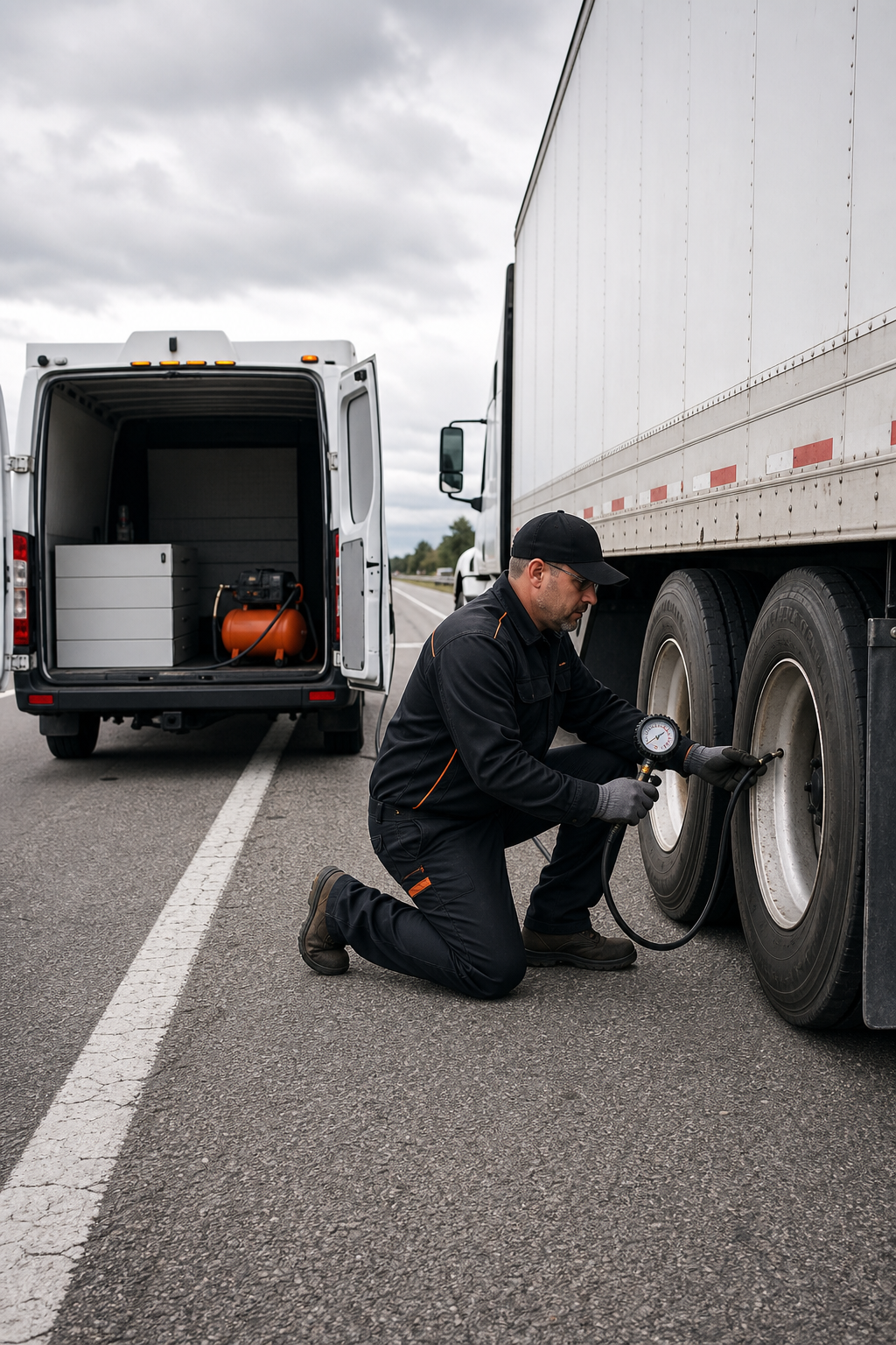 A photorealistic image of a mobile tire service van parked on a highway shoulder, with a technician in uniform kneeling beside a semi-truck's dual rear wheels, holding a tire pressure gauge. Alt: Mobile semi truck tire repair by The Tire Specialist in Dallas.