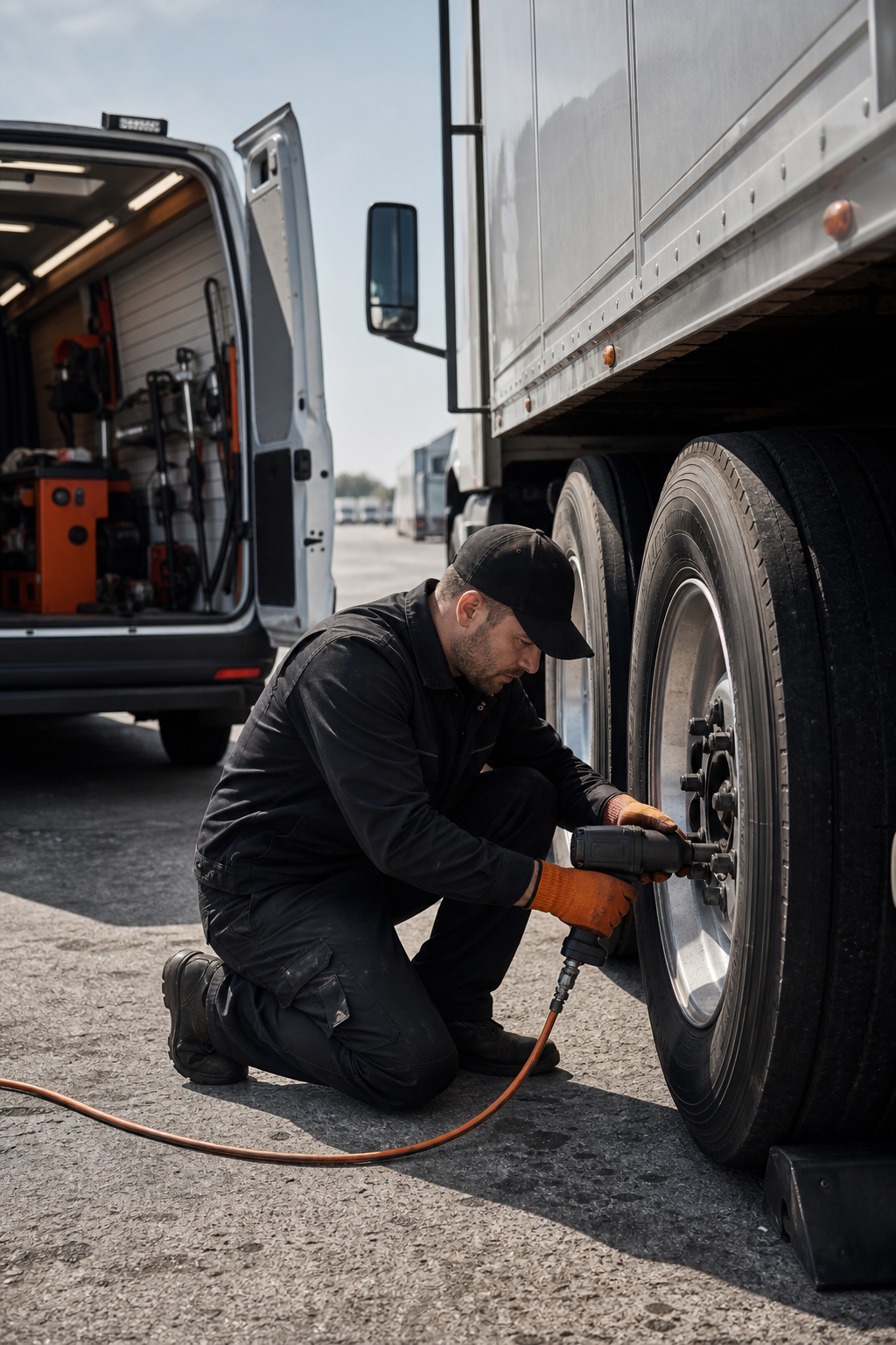 A photorealistic image of a mobile tire service truck parked at a truck stop, with a technician using an impact wrench on a semi-truck's wheel. Alt: On-site mobile tire repair for semi trucks.