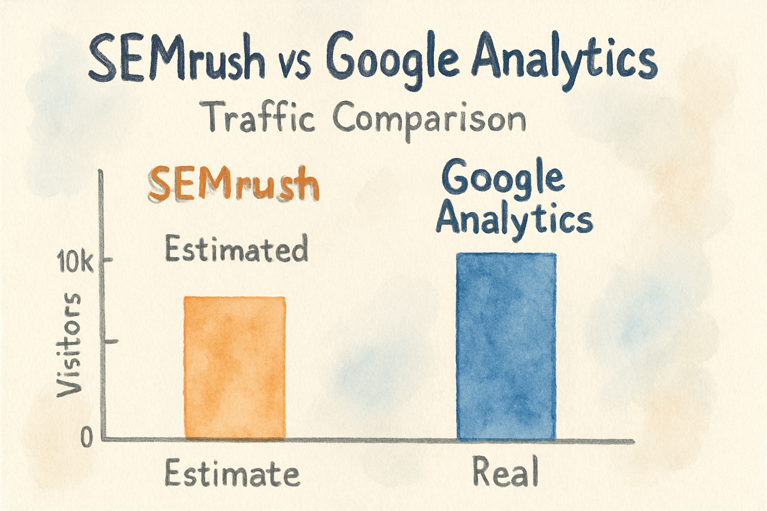 Comparison of traffic data between Semrush estimates and Google Analytics actual data. Alt: Semrush vs Google Analytics traffic comparison showing real vs estimated visitors.