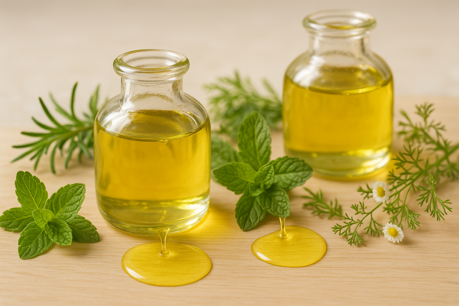 A serene image of natural oils pouring from glass bottles beside fresh herbs, illustrating gentle, organic hair oils for sensitive skin. Alt: Sensitive skin hair oil benefits with organic oils and calming herbs.