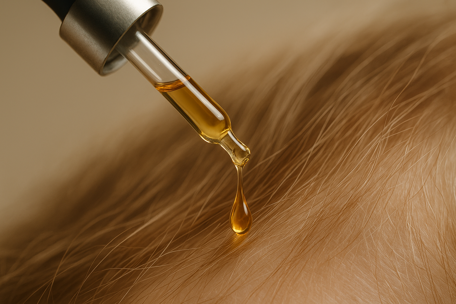 Close-up of a dropper releasing organic hair oil onto delicate hair strands, symbolizing the gentle care required for sensitive skin hair oil benefits. Alt: Applying sensitive skin hair oil benefits with care and precision.