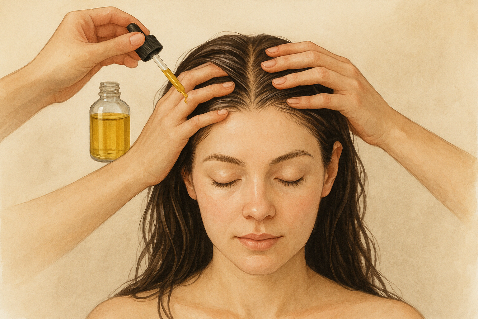 Illustration of a gentle scalp massage with hair oil, demonstrating safe application techniques for sensitive skin hair oil benefits. Alt: Proper hair oil massage to enhance sensitive skin benefits.
