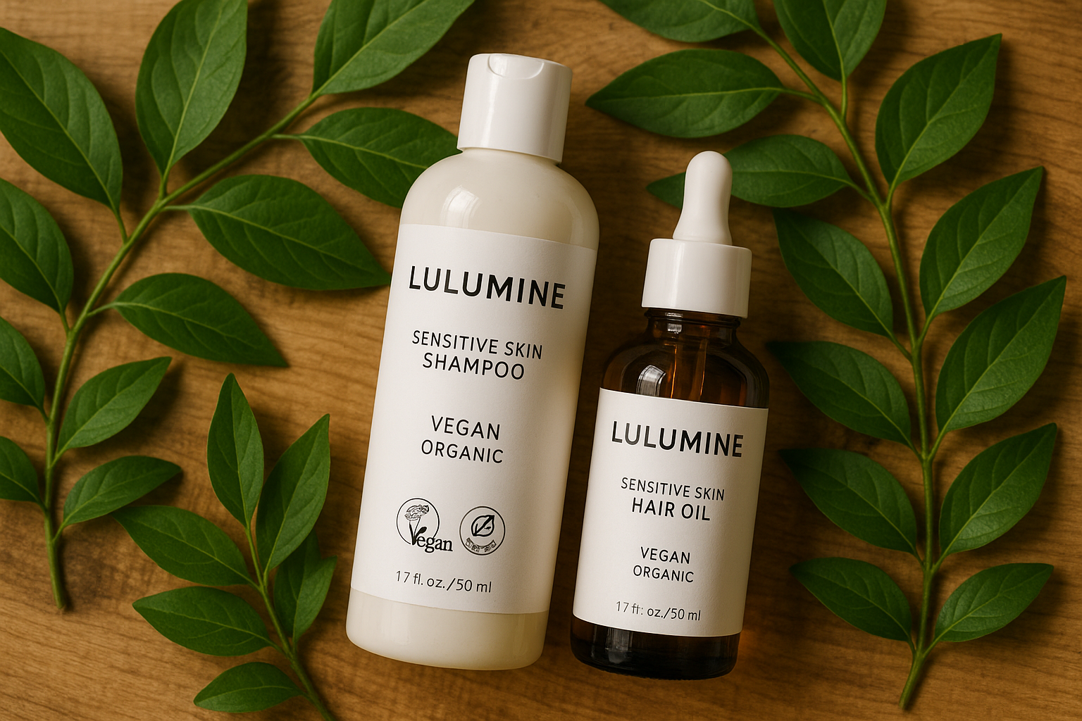 Bottles of Lulumine’s vegan, organic hair care products presented on a natural wood surface surrounded by green leaves. Alt: Lulumine sensitive skin hair oil benefits with vegan and organic certification.
