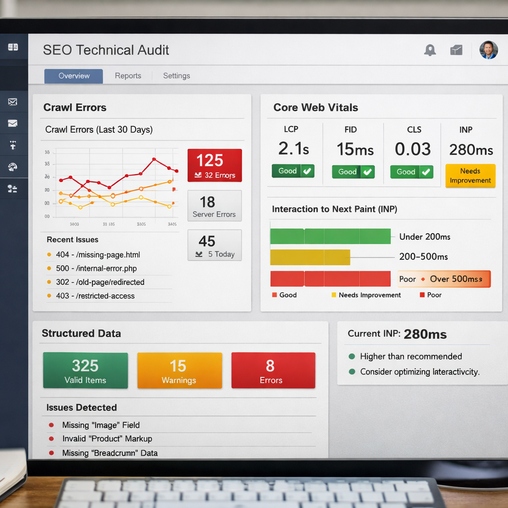 A photorealistic view of a website’s backend dashboard showing crawl errors, core web vitals, and structured data. Alt: seo technical audit dashboard with crawl error stats and INP metrics.