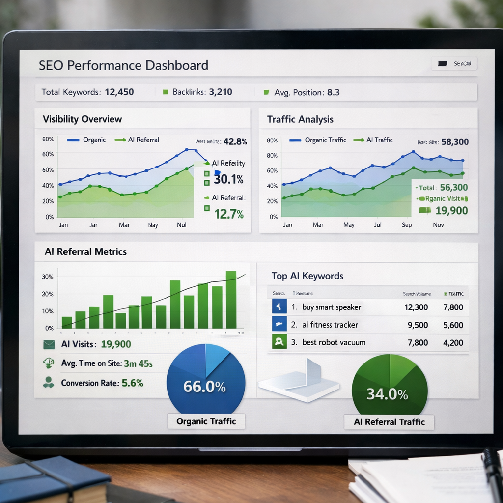 A photorealistic illustration of an SEO performance dashboard showing charts for visibility, traffic, and AI‑referral metrics. Alt: seo performance tracking dashboard with AI and organic data.