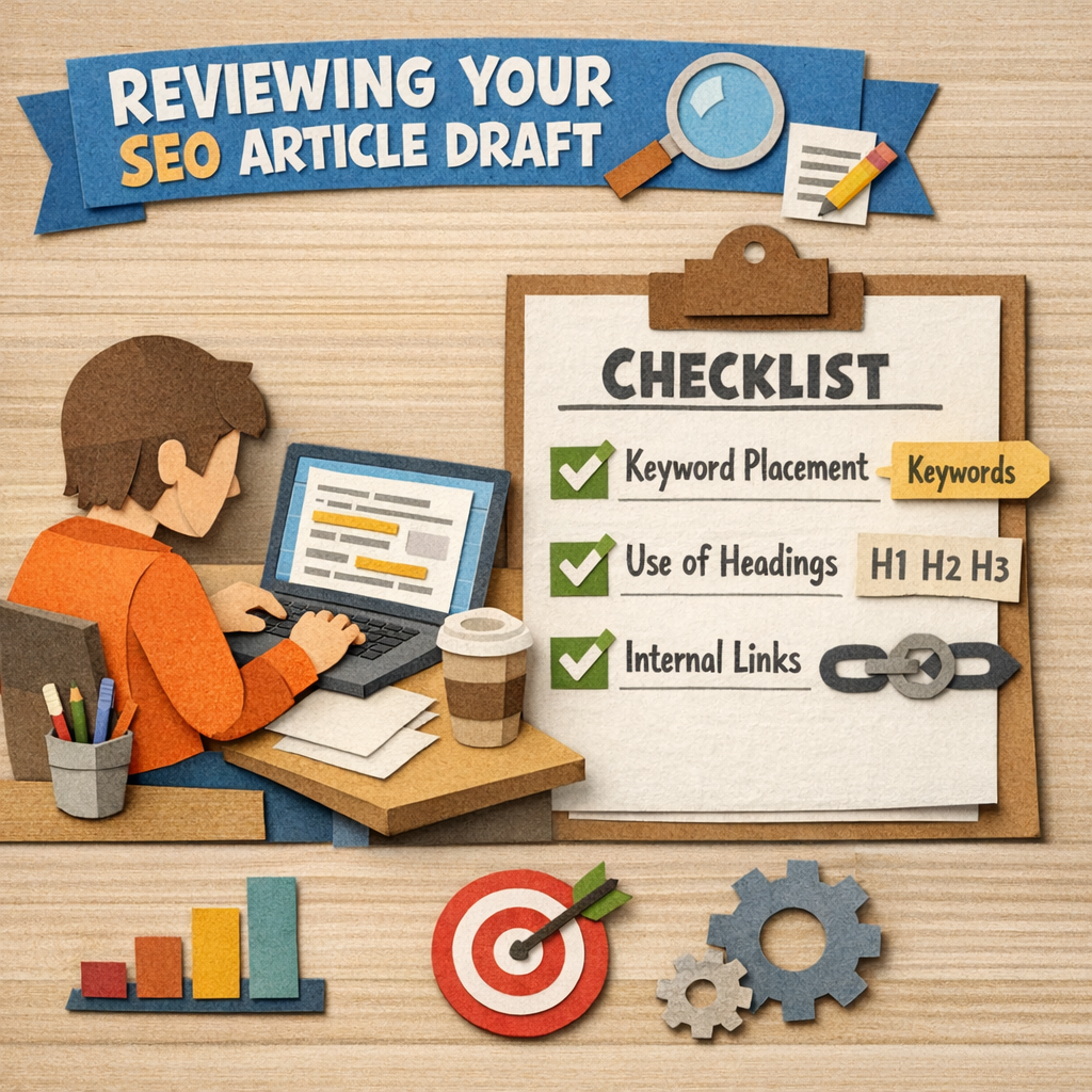 A papercraft style diagram of a contract checklist with icons for price, timeline, revisions, and SEO, alt: pricing and contract guide for SEO article writing service