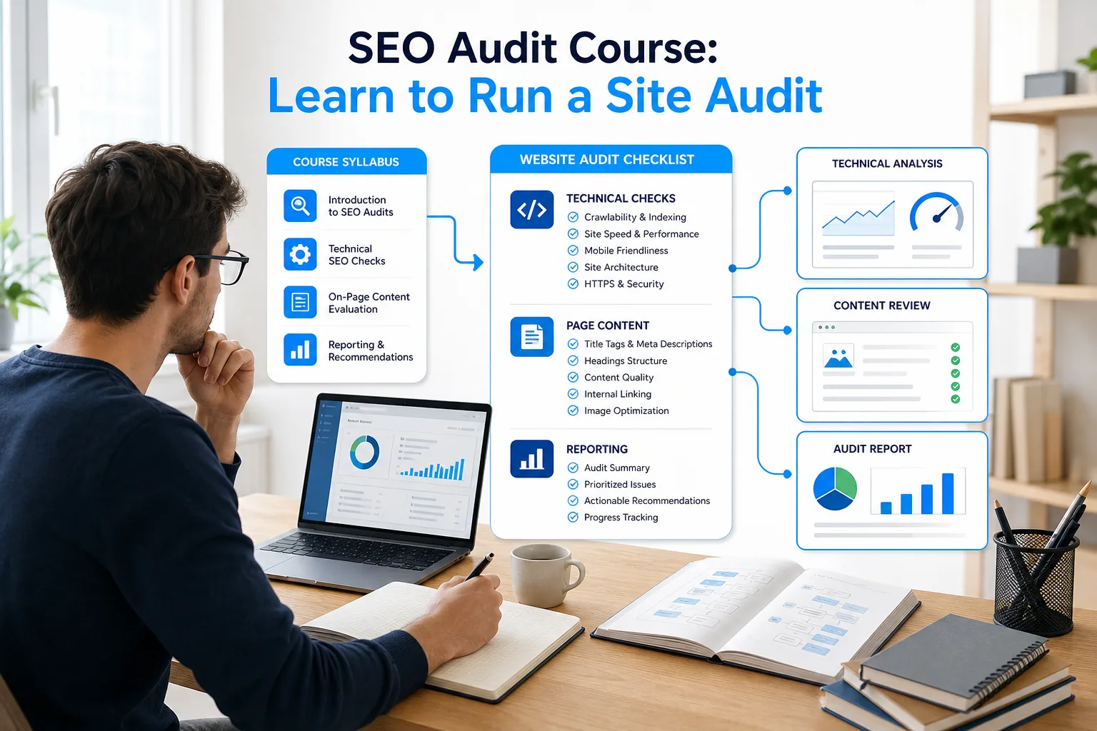 Course syllabus mapped to website audit practice and reporting tasks.