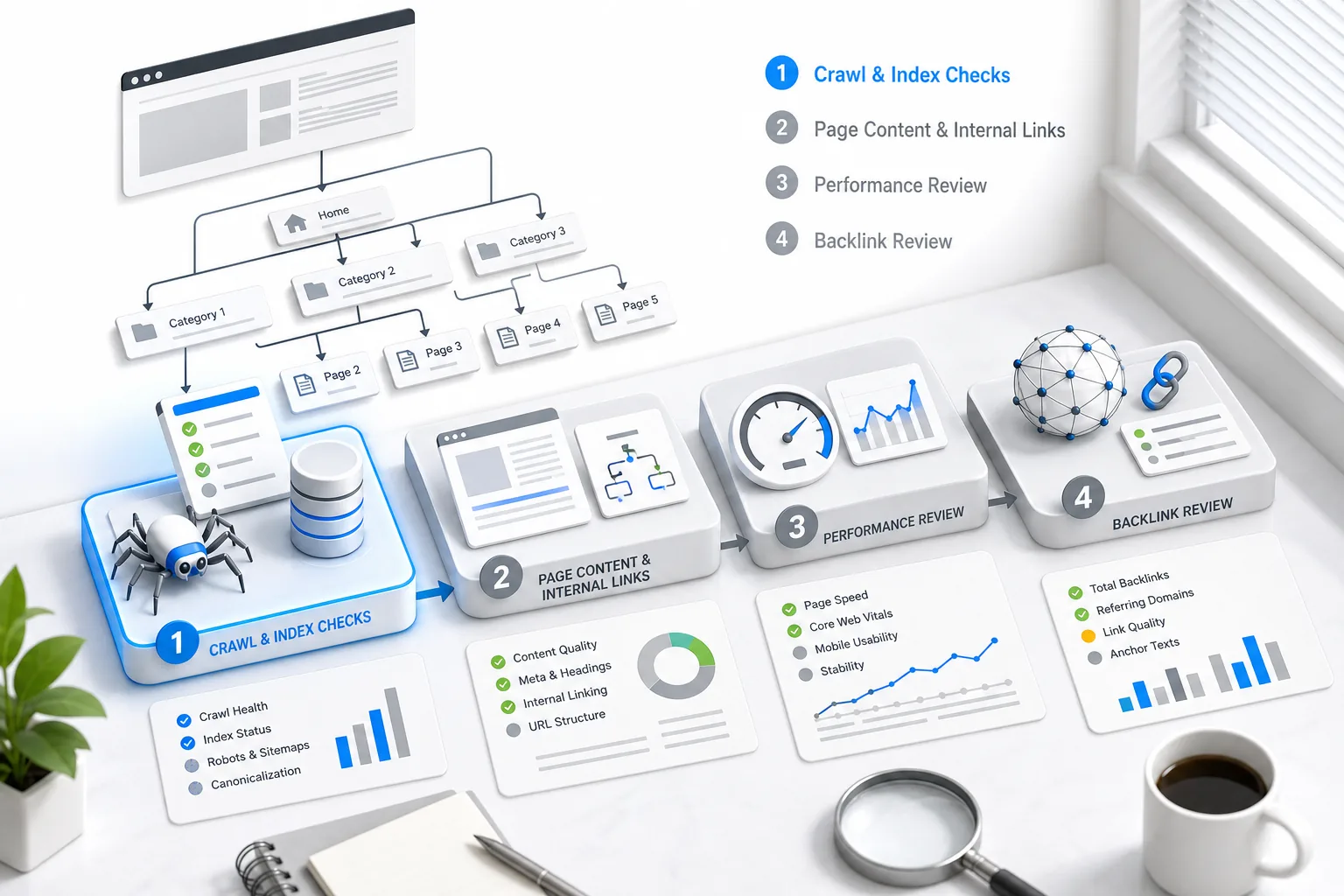 Ordered SEO audit workflow from index checks to backlinks.