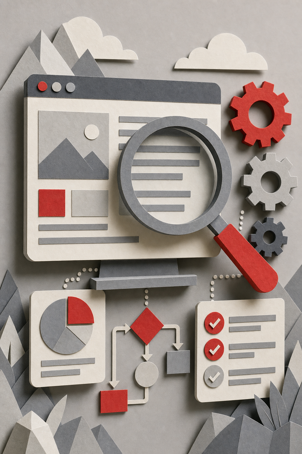 A papercraft-style illustration of a magnifying glass hovering over a website, with gears and flowcharts showing automated SEO analysis. Alt: Automated SEO audit with AI insights papercraft illustration