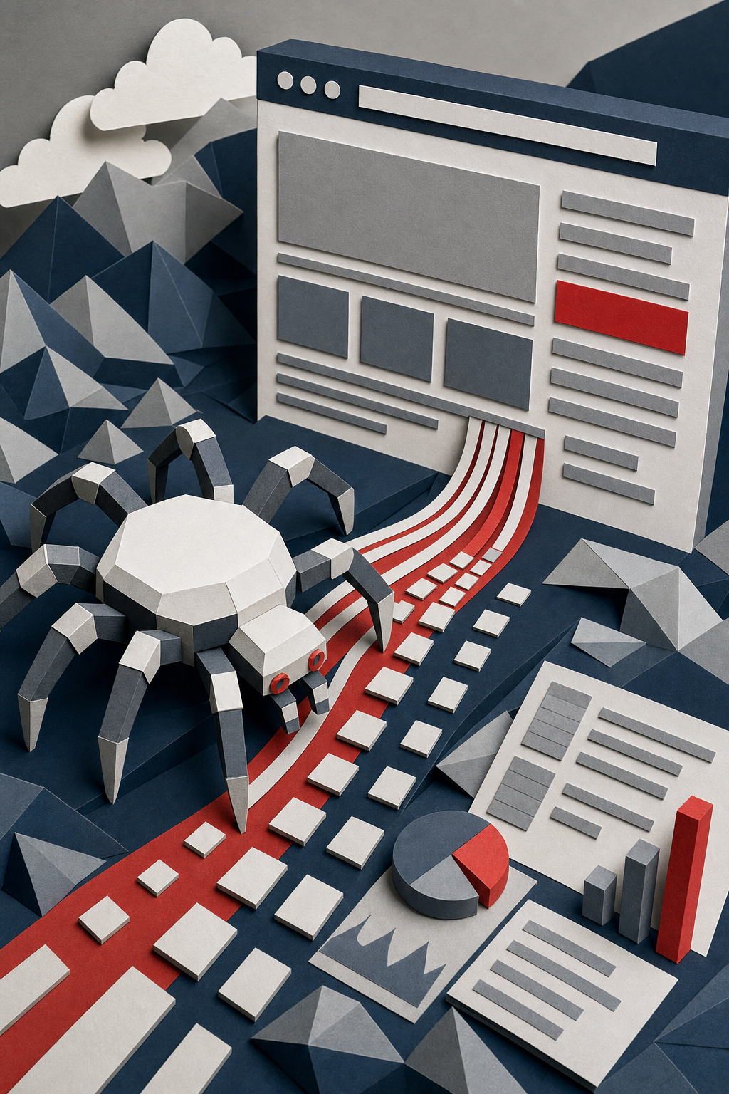 A papercraft-style illustration of a website being scanned by a robotic spider with data streams. Alt: Technical SEO audit with Ahrefs papercraft illustration