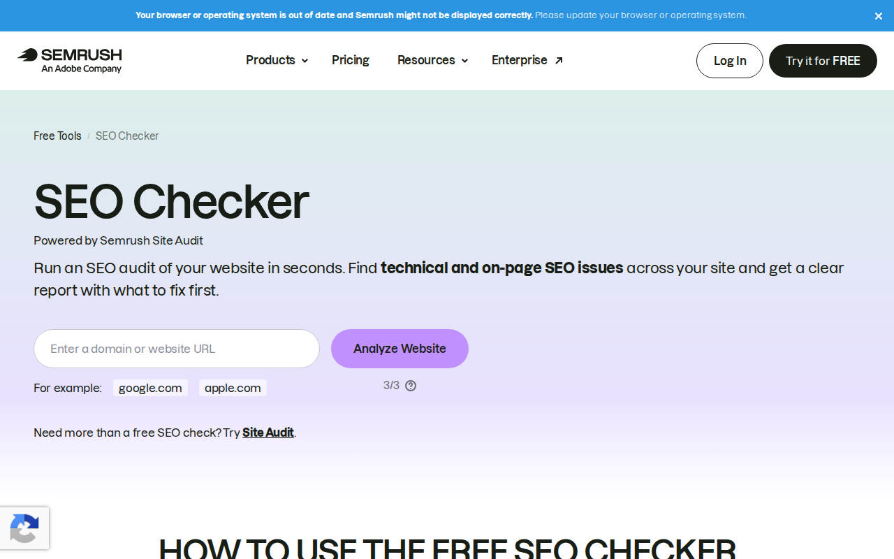 SEMrush Site Audit homepage screenshot
