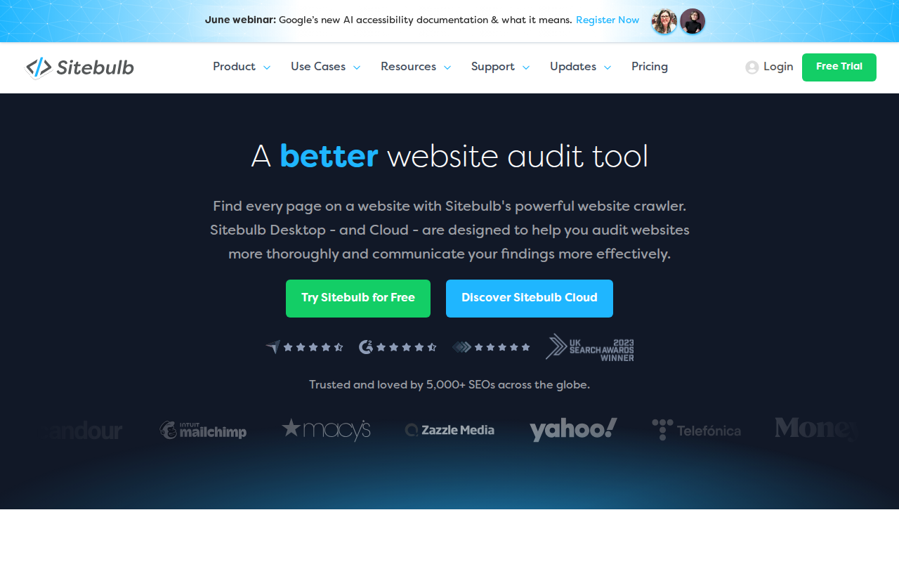 Sitebulb features homepage screenshot