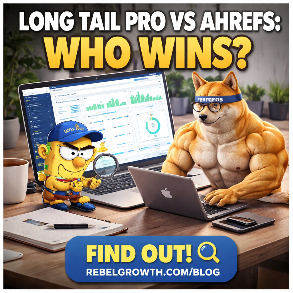 A modern office desk with a laptop displaying a sleek SEO dashboard, coffee mug, and a notepad with bullet points. Alt: SEO automation software dashboard showing keyword insights and backlink metrics.