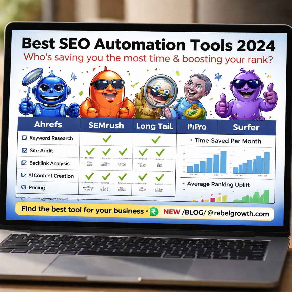 A modern dashboard on a laptop screen showing a side‑by‑side comparison of SEO automation tools, with graphs of time saved and ranking uplift. Alt: Comparison of top SEO automation tools 2024 showing feature matrix and ROI metrics.