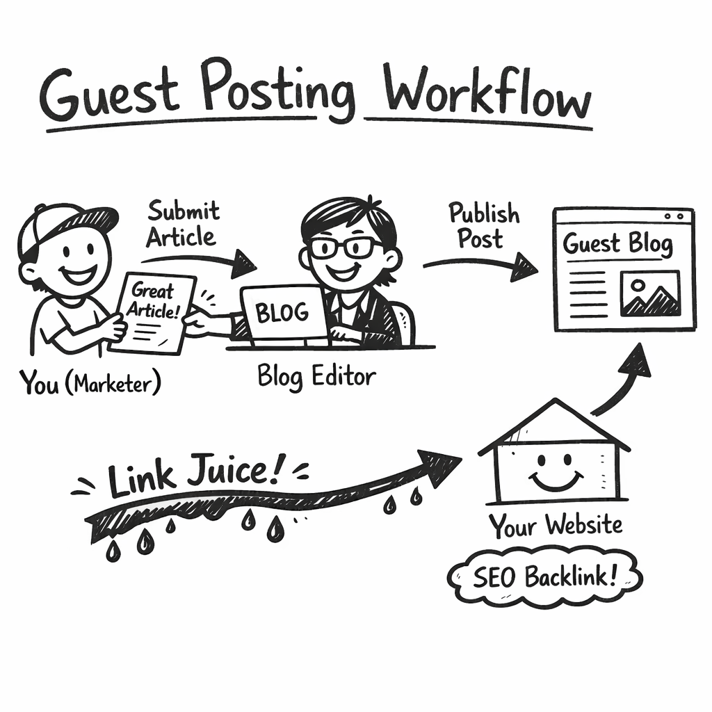 A doodle meme illustrating a step‑by‑step guest posting workflow: a marketer handing a polished article to a blog editor, both smiling, with arrows showing link juice flowing to the marketer’s site. Alt: Guest posting workflow for seo backlink building service.