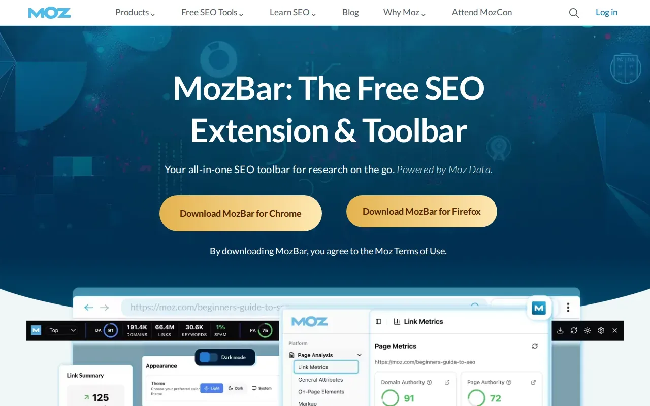 Screenshot of the MozBar website