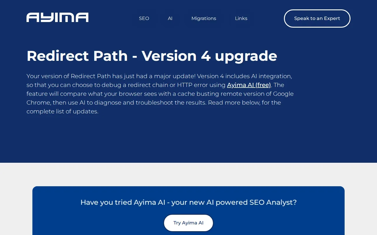 Screenshot of the Redirect Path by Ayima website