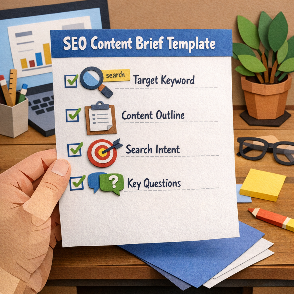 A papercraft scene of a hand holding a checklist titled "SEO Content Brief Template", with icons for keyword, outline, intent, and questions, set on a desk with a laptop. Alt: SEO content brief template checklist illustration