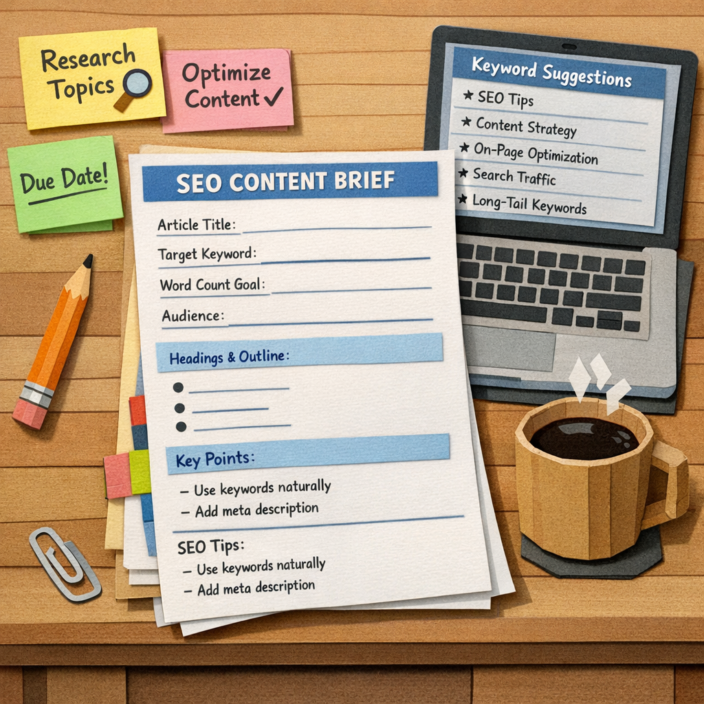 A Papercraft illustration of a desk with a printed SEO content brief template, sticky notes, a laptop showing keyword suggestions, and a coffee mug. Alt: papercraft SEO content brief template visual guide.