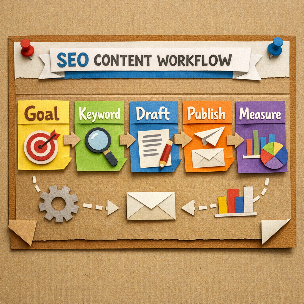A papercraft illustration of a marketer sketching a simple audience persona on a notebook, alt: seo content service audience definition visual