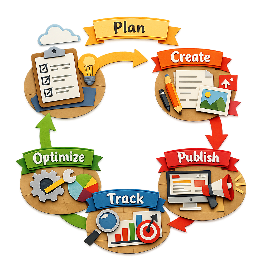 A papercraft scene of two marketers shaking hands over a laptop showing a content calendar, alt: seo content service collaboration visual