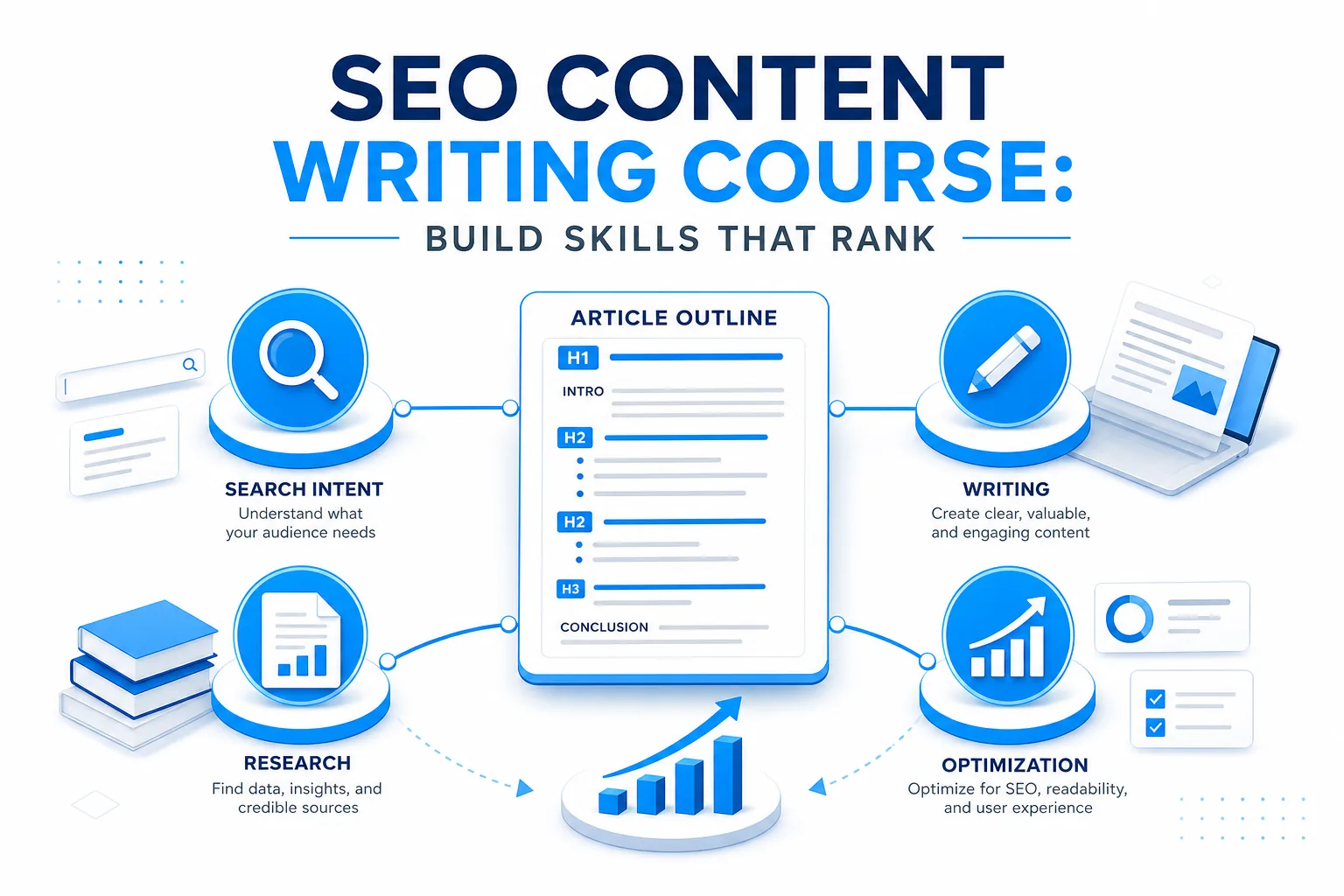 Diagram of key SEO writing skills linked in a clear learning path.