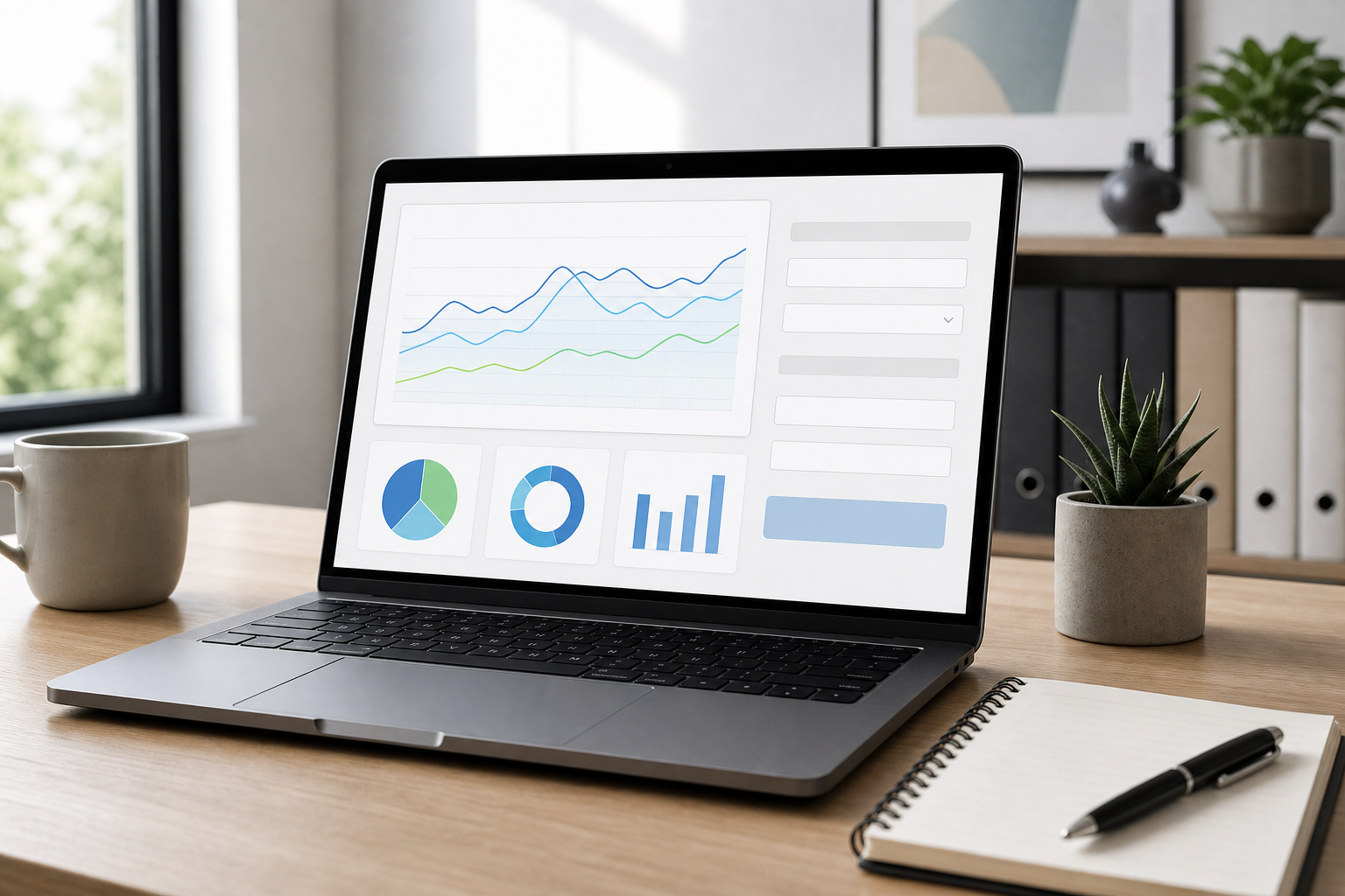 Laptop on a desk showing a simple return-on-investment chart
