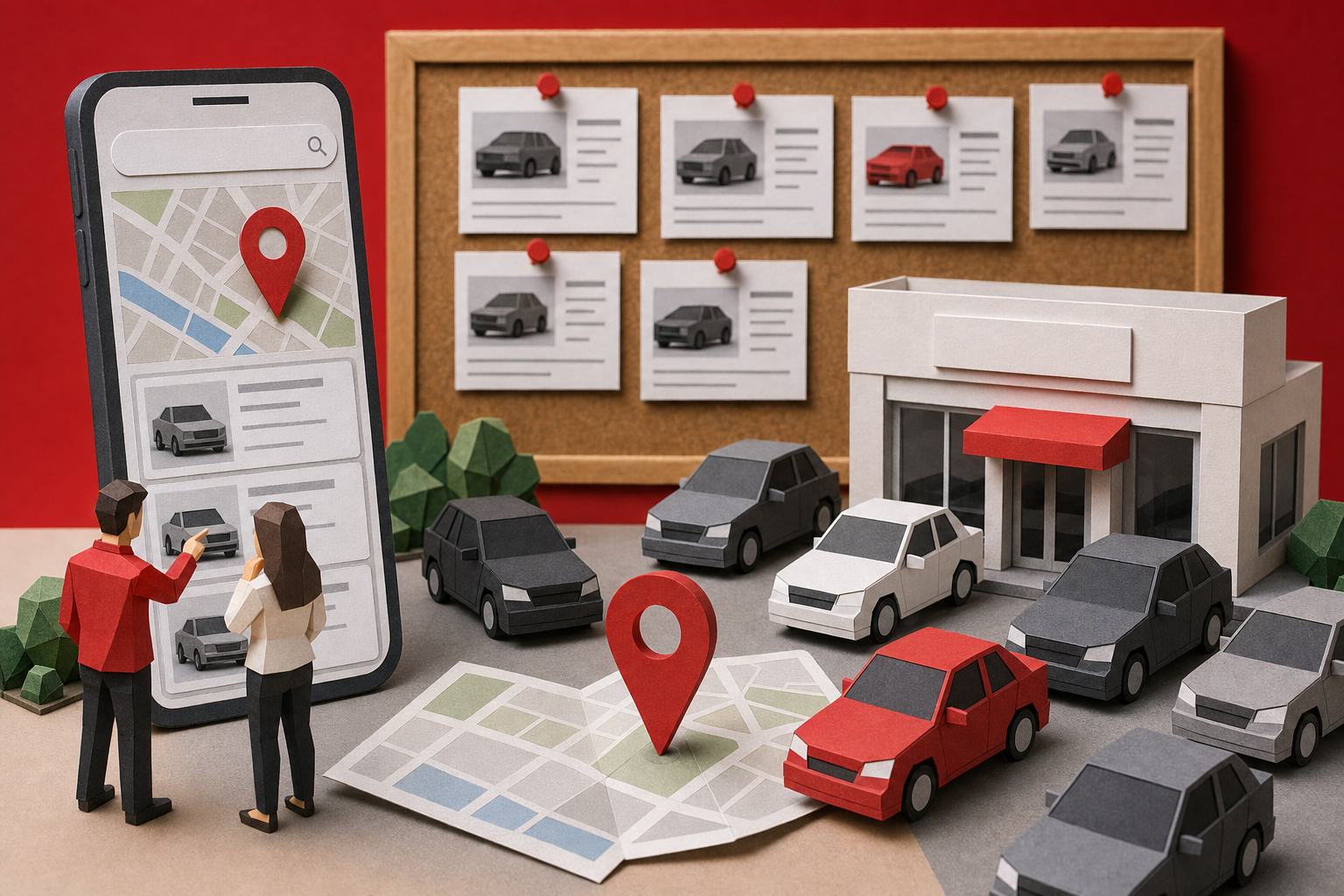 A papercraft-style diorama showing a car dealership lot with small paper cars, a Google Maps pin, and tiny paper shoppers searching on a phone screen, set against a deep red (#E11D2A) accent background with search result cards pinned to a corkboard. Alt: SEO for car dealerships showing local search and inventory optimization concepts.