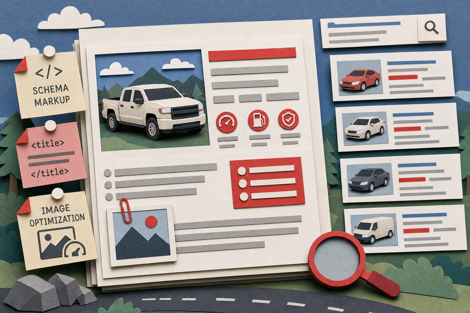 A papercraft-style scene showing layered paper vehicle listing cards with schema markup tags, title tags, and image optimization icons attached like sticky notes, surrounded by small paper search result cards, with red (#E11D2A) accent highlights on key data fields. Alt: Vehicle detail page SEO showing schema markup and on-page optimization elements for car dealerships.