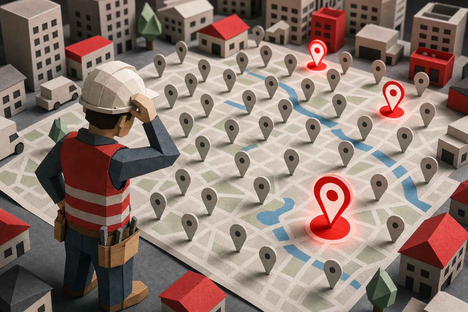 A meme-style papercraft scene showing a confused contractor in a hard hat standing at a giant map, looking at dozens of identical Google Maps pins while competitors' pins glow brighter. Brand color red (#E11D2A) accents the surrounding papercraft city buildings. Alt: contractor struggling with local SEO rankings on Google Maps.