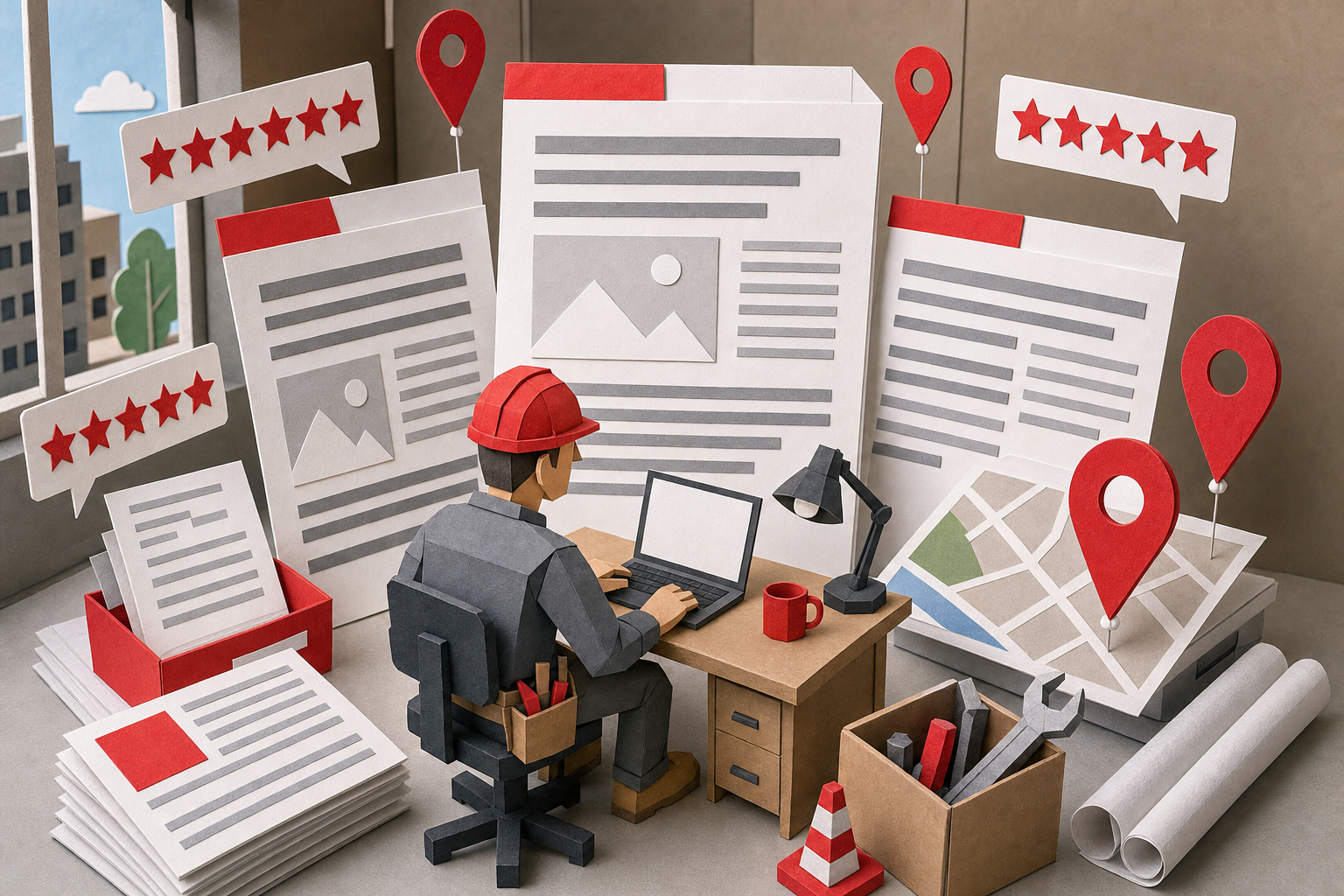 A meme-style papercraft content workshop where a contractor in a hard hat sits at a tiny desk surrounded by giant blog post documents, review stars, and Google Maps pins floating like balloons. Red (#E11D2A) accents throughout the papercraft scene. Alt: contractor content marketing strategy for SEO.