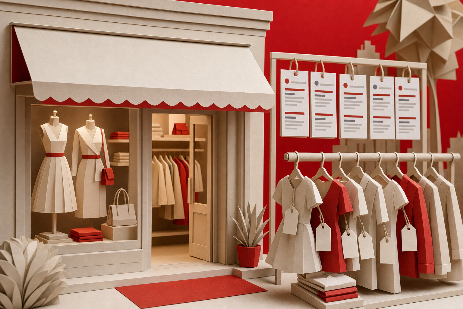 A papercraft-style scene of a fashion boutique storefront made from folded paper, with miniature Google search result cards hanging from a display rack, and tiny SEO keyword tags attached to garments on a paper clothing rail, set against a rich red-accented background. Alt: fashion brand SEO organic search strategy illustration.