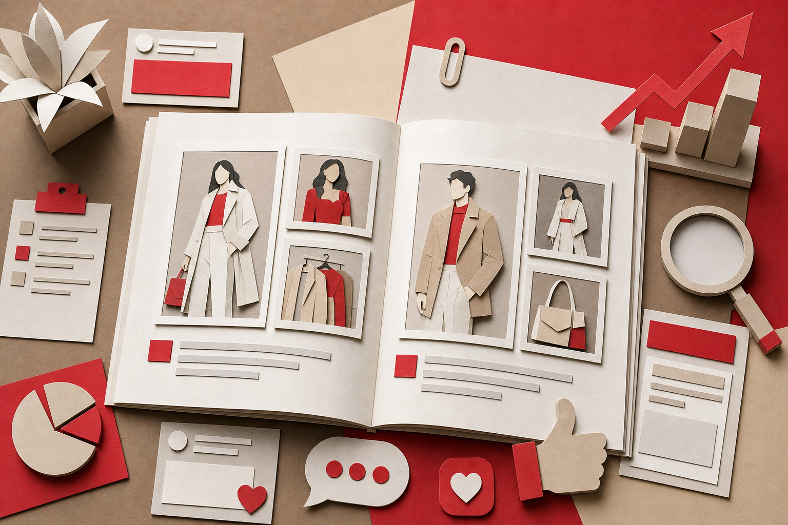 A papercraft-style flat lay scene of a fashion lookbook spread open on a paper desk, with miniature blog post cards, social media icons cut from paper, and tiny SEO ranking arrows pointing upward, accented with deep red paper elements. Alt: fashion brand content marketing SEO strategy lookbook.