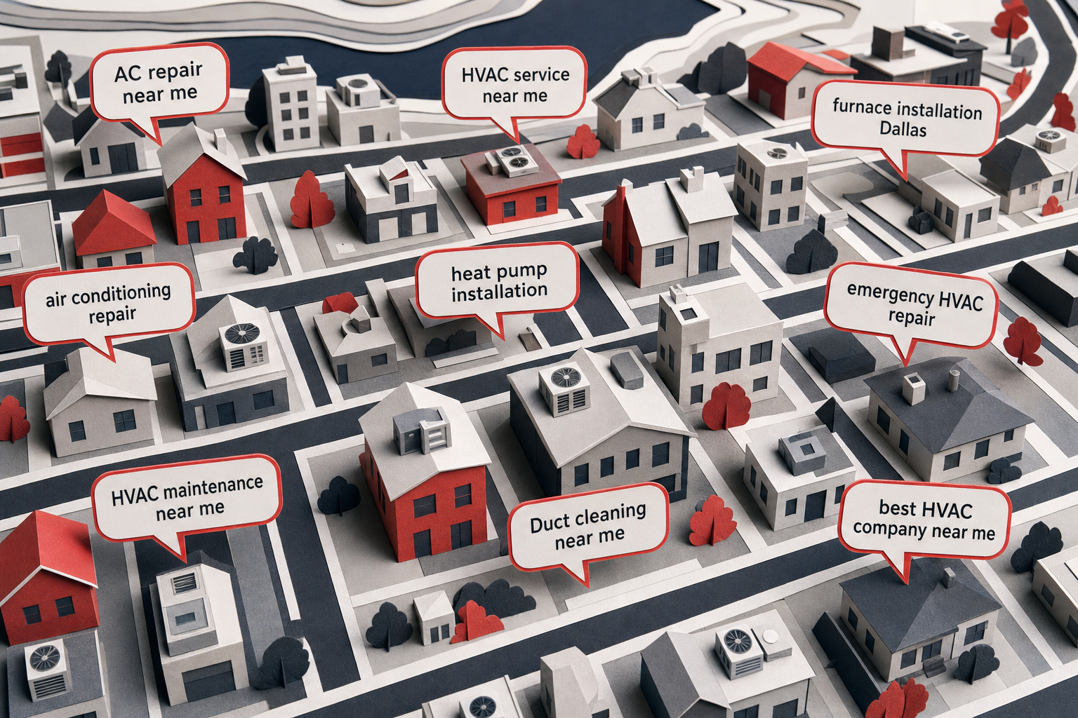 A papercraft-style map of a US city neighborhood with colorful paper houses, paper HVAC units on rooftops, and search query speech bubbles floating above different streets , like "AC repair near me" and "furnace installation Dallas" , cut from layered paper in red, white, and dark tones. Alt: local HVAC keyword research map showing search intent by neighborhood.