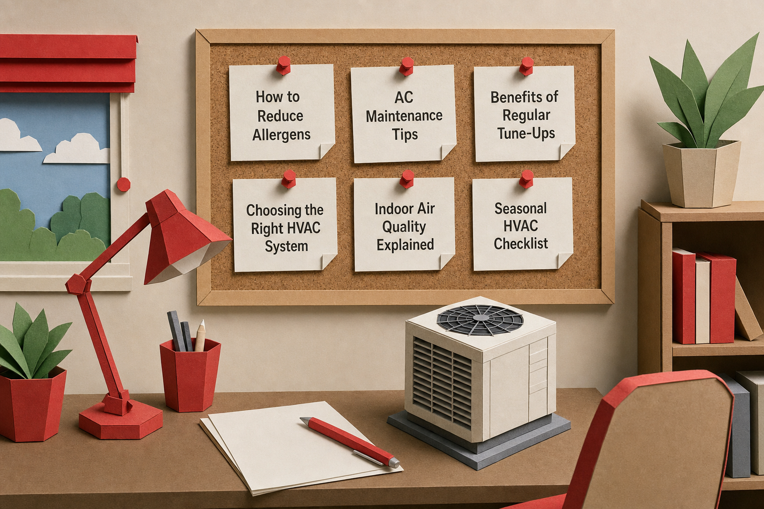 A papercraft-style scene of a home office desk with paoard, each labeled with an HVAC topic like "How to Reduce Allergens" and "AC Maintenance Tips," with a small paper HVAC unit on the desk and red accent details throughout. Alt: HVAC content marketing blog topic ideas displayed on a papercraft corkboard.