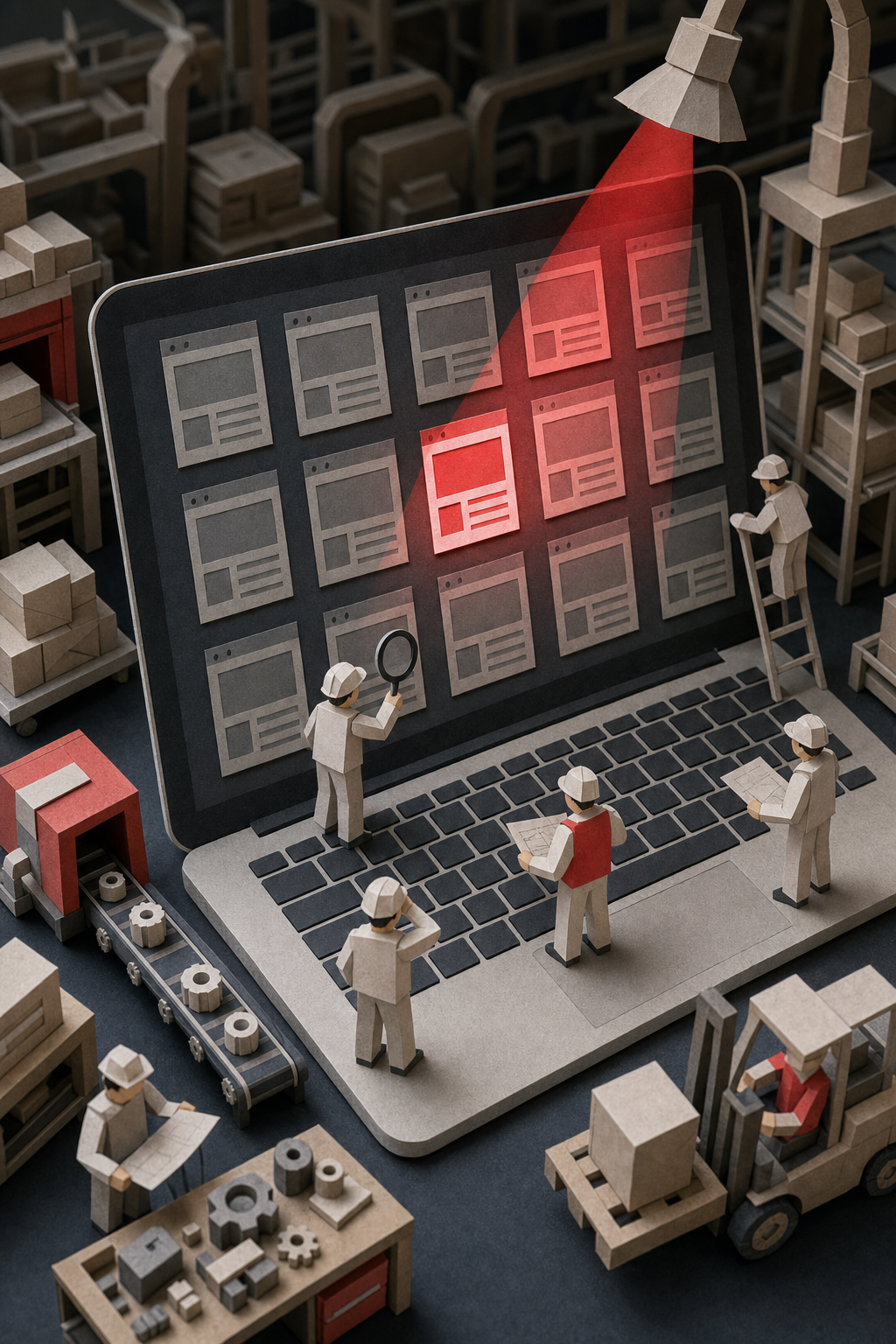 A meme-style papercraft scene showing a factory floor with tiny paper engineers searching on a giant paper laptop, with a red spotlight labeled "Page 1" shining on one small paper website among many in the dark. Alt: SEO for manufacturers meme showing industrial buyers searching online for suppliers.