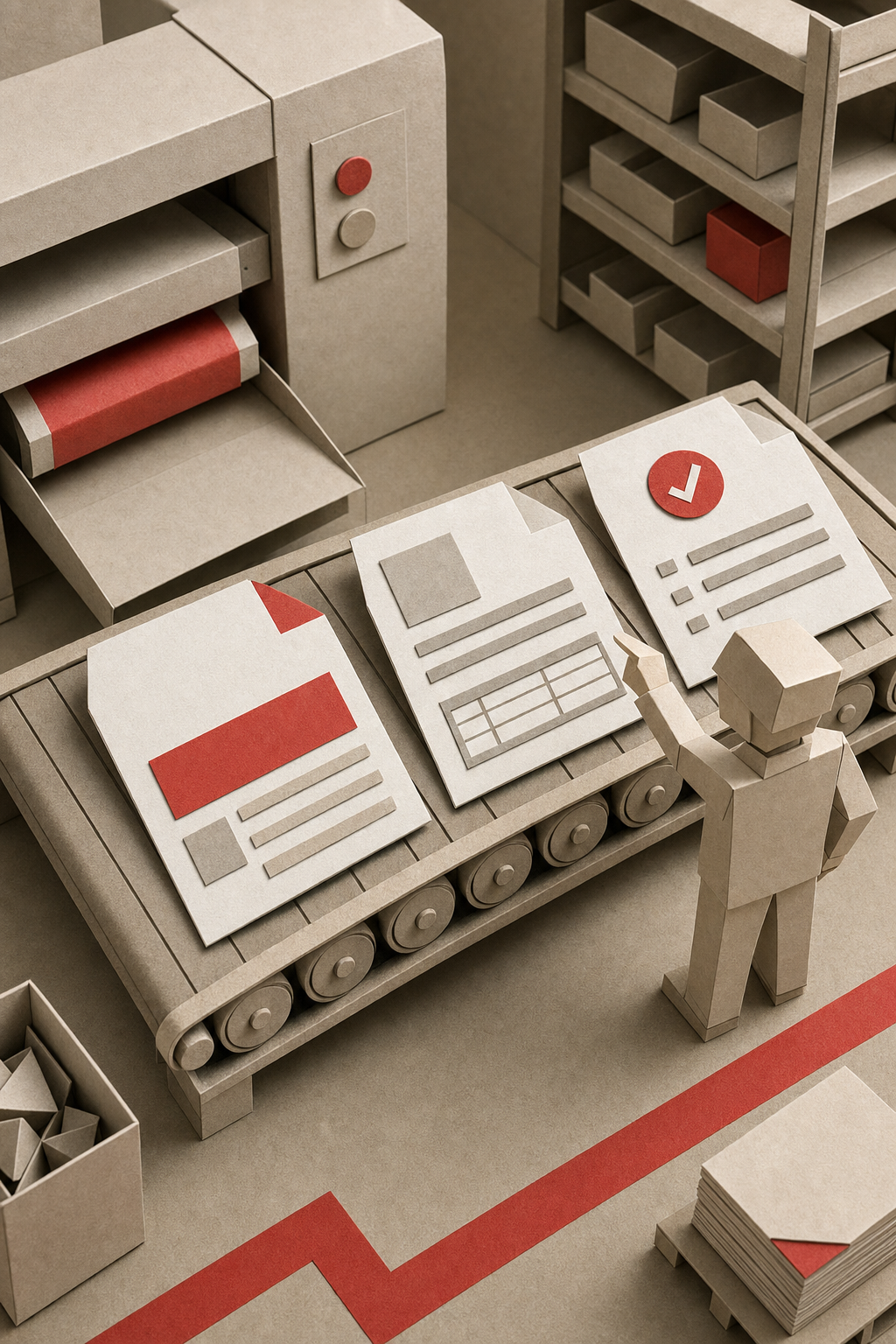 A papercraft-style flat-lay showing paper documents labeled "Application Guide," "Datasheet," and "Compliance Spec" arranged on a paper conveyor belt, with a small paper figure labeled "Buyer" selecting one. Alt: Content types manufacturing buyers search for including guides, datasheets, and compliance pages.