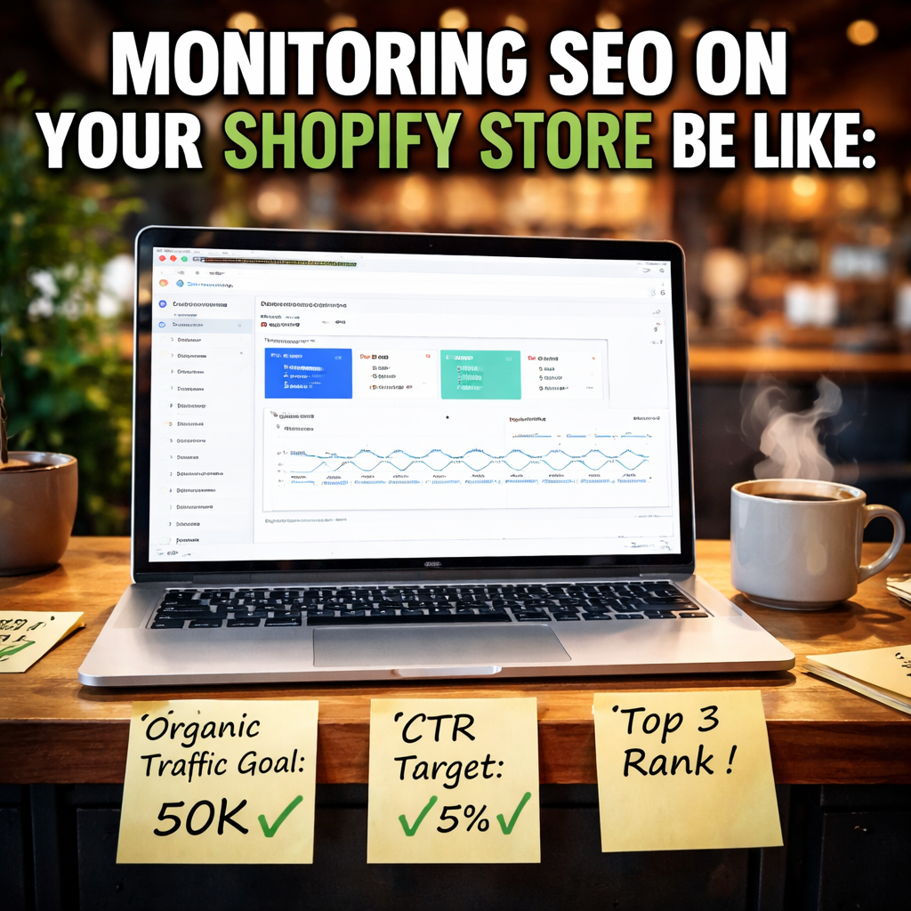 A coffee‑shop style desk with a laptop open to a Google Search Console dashboard, sticky notes with KPI targets, and a steaming mug. Alt: Monitor performance metrics for SEO on Shopify stores