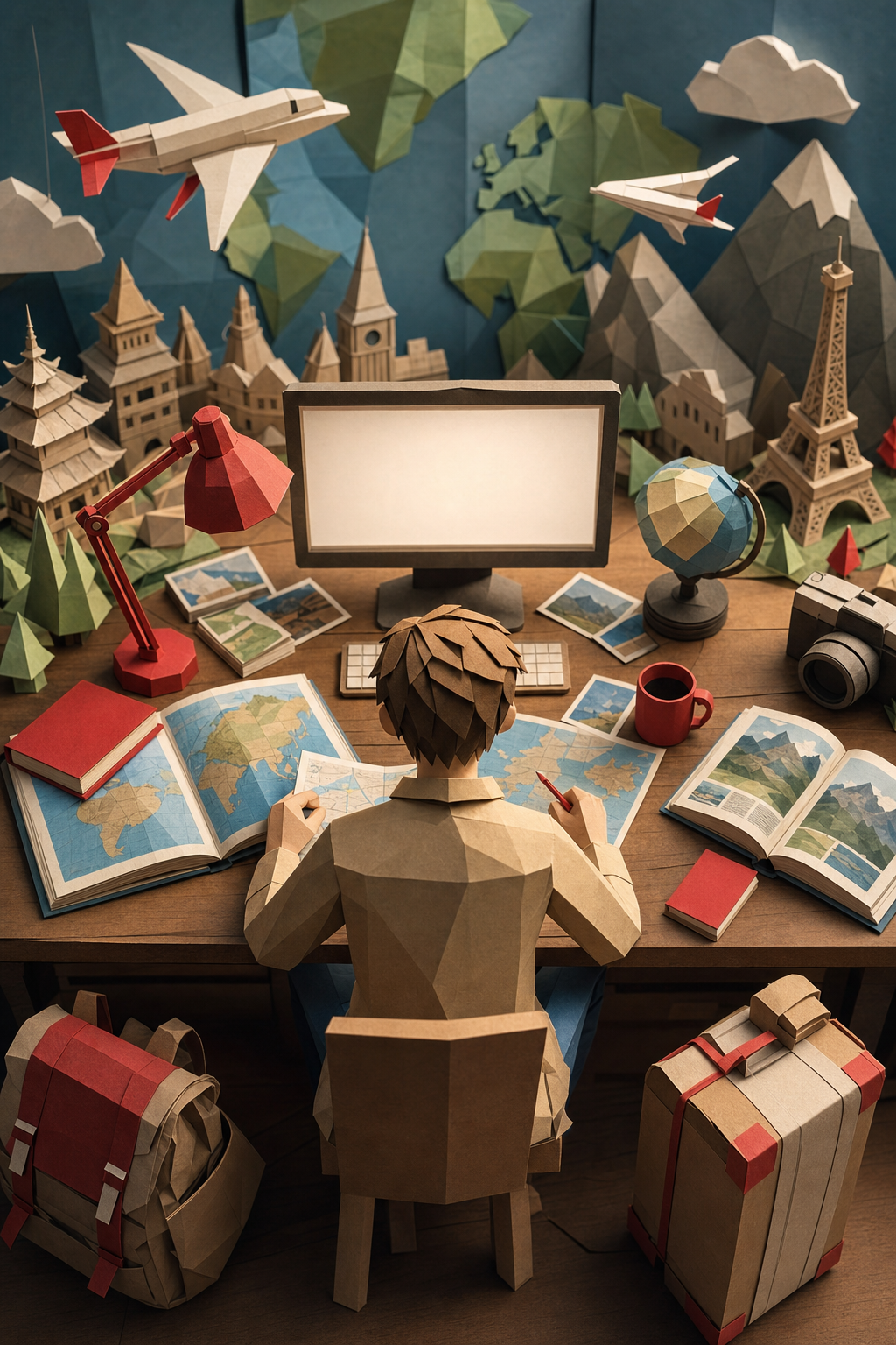A papercraft-style diorama showing a traveler at a wooden desk surrounded by tiny paper maps, open books, and a glowing screen, with miniature planes and landmarks scattered around. Alt: traveler planning a trip using multiple research sources , SEO for travel businesses concept.