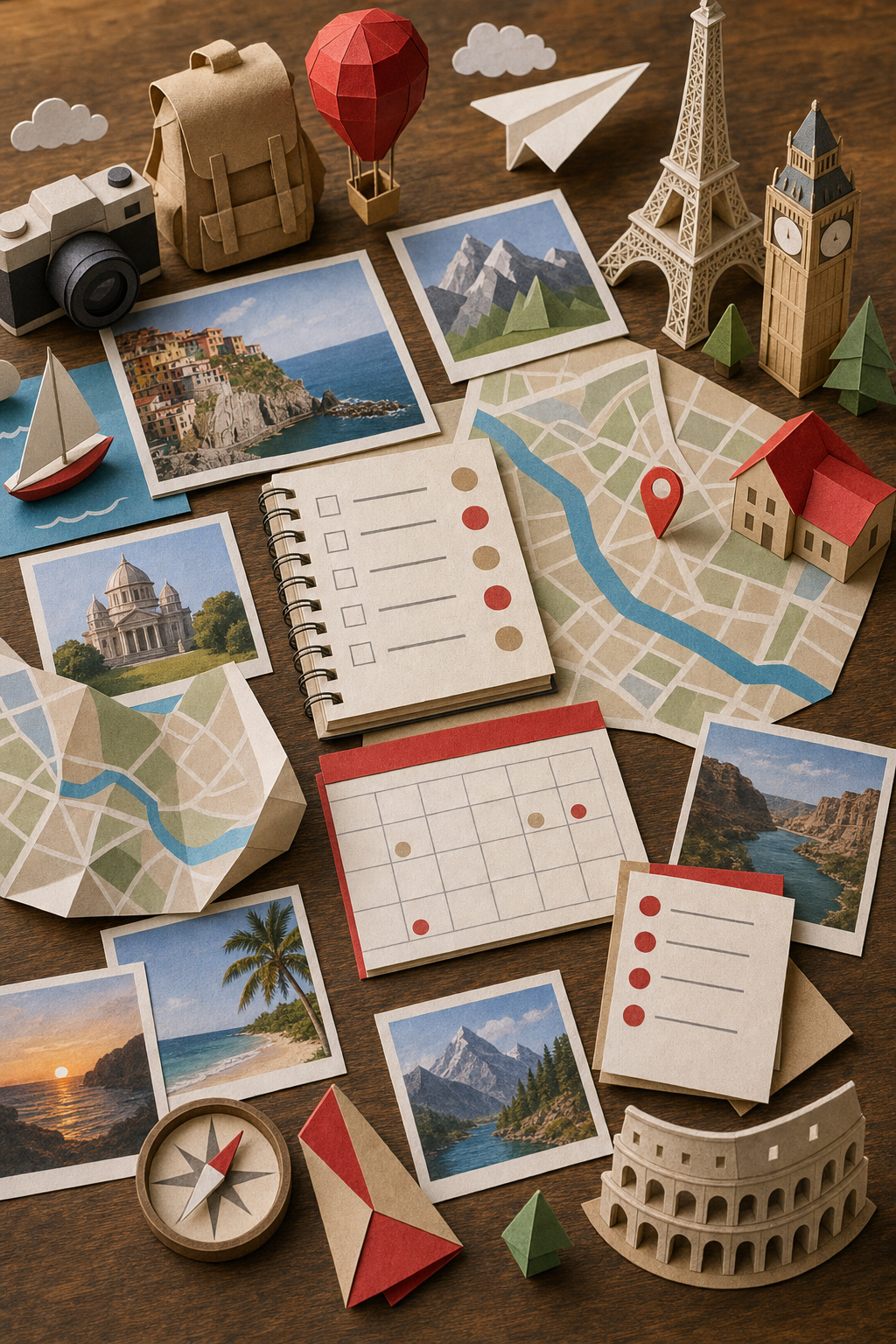 A papercraft-style flat-lay scene showing tiny pas, itinerary sheets, maps, and travel photos spread across a wooden surface with miniature landmarks as decorations. Alt: travel content strategy for SEO , itineraries, destination guides, and travel blog content.