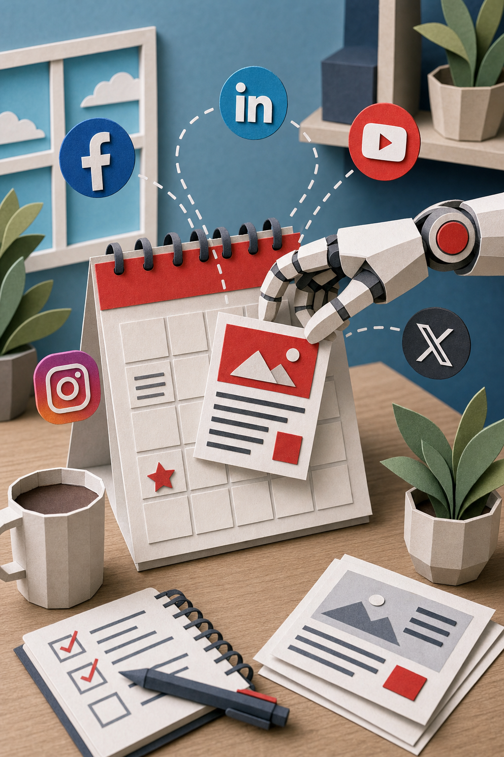 A papercraft scene showing a robot hand placing a blog post onto a calendar while social media icons float around. Alt: AI automated content distribution illustration