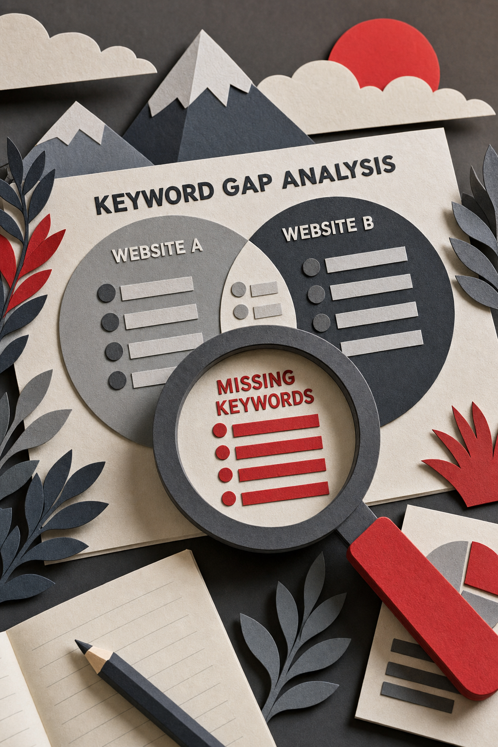 A papercraft magnifying glass over a chart showing missing keywords between two websites. Alt: Keyword gap analysis concept