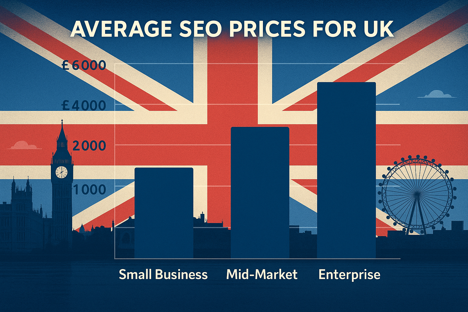 A dynamic bar chart comparing average SEO prices for UK small businesses, mid-market, and enterprise, set against a digital British backdrop.